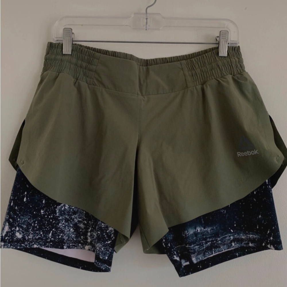 Reebok Olive Green Layered Athletic Shorts with Printed Liner Medium NWOT